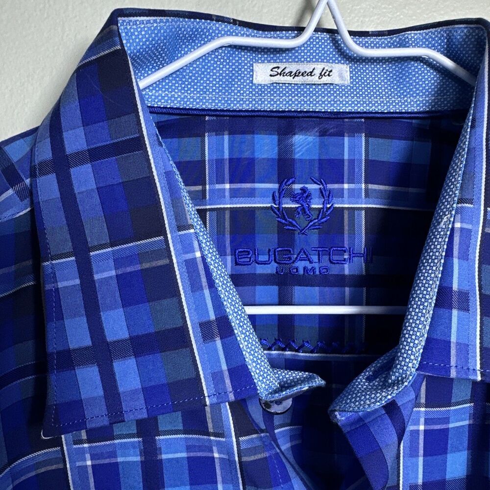 Bugatchi Blue Plaid Dress Shirt Shaped Fit Large Men’s NWT